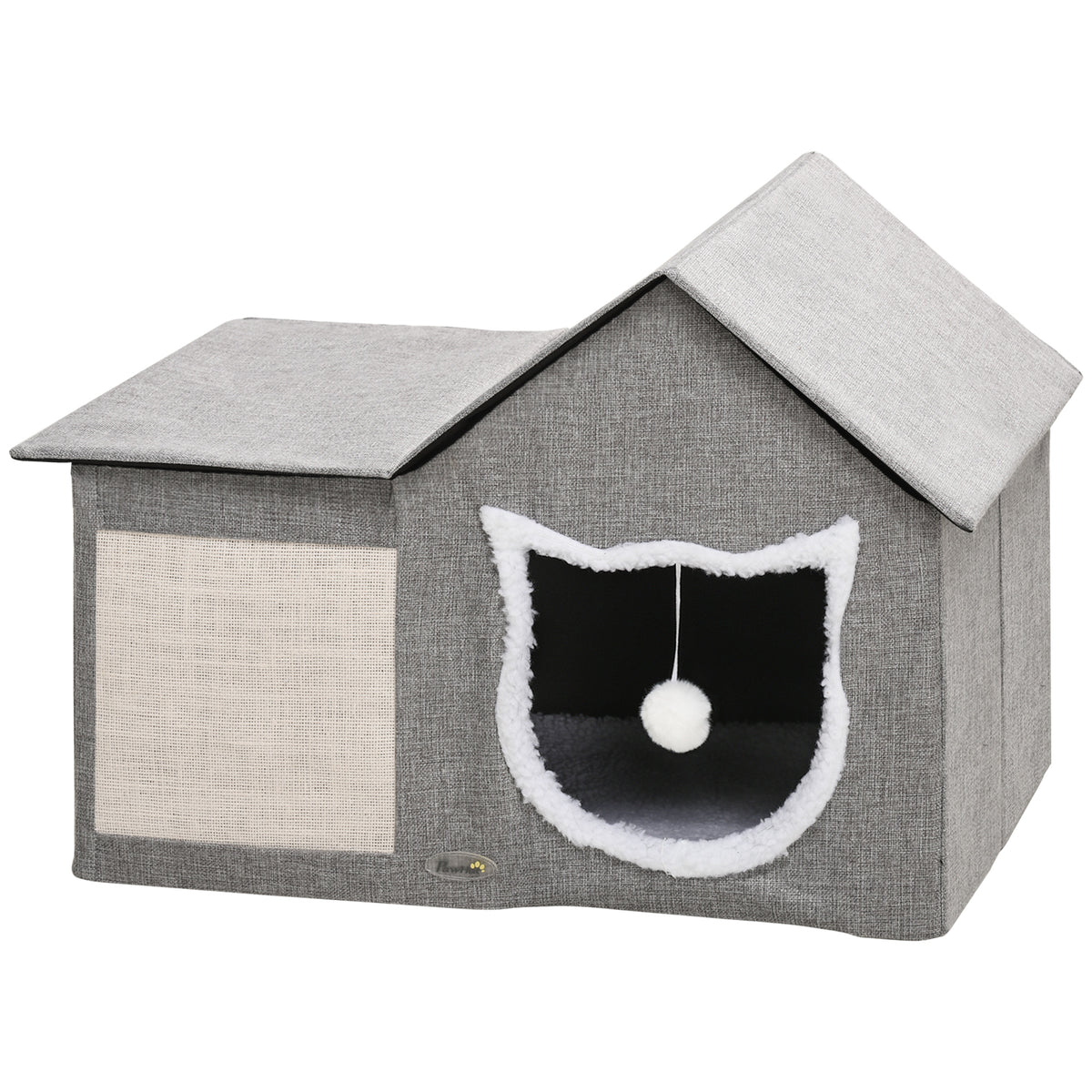 PawHut Katzenhaus mit Kratzfläche, inkl. Spielball, Katzenhöhle, 65 cm  x 41 cm x 45.5H cm, Braun + Weiß + Beige