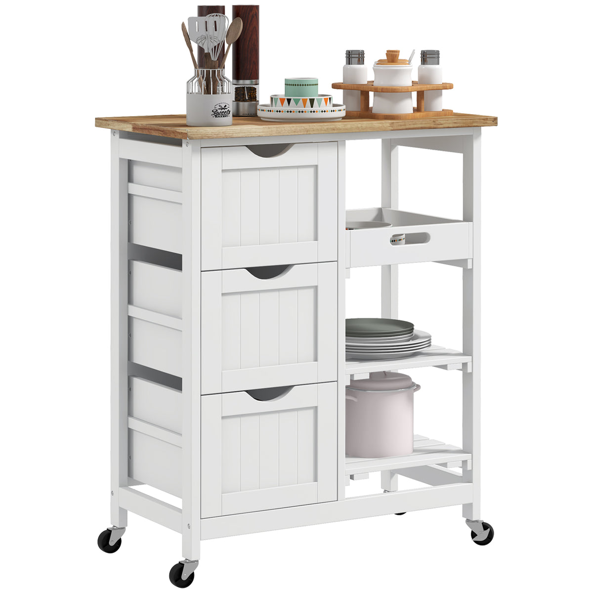 HOMCOM Kücheninselwagen mit Rollen und Arbeitsplatte aus Holz, 3 Schubladen + 1 abnehmbares Tablett 67 x 37 x 85,5 cm Weiß