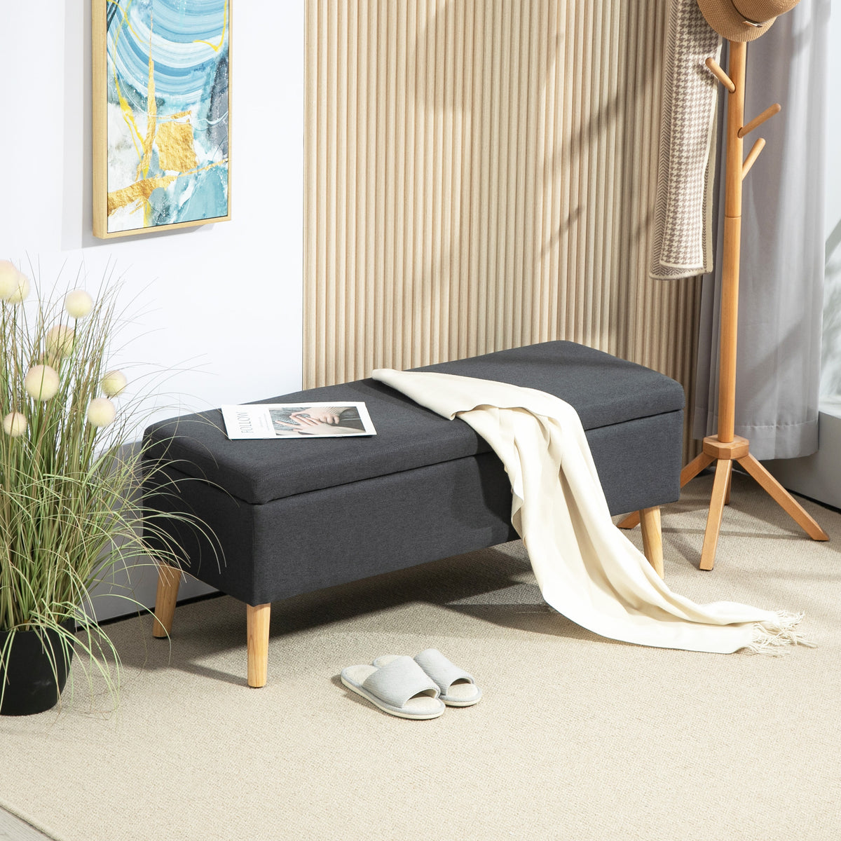 HOMCOM Polsterbank mit Stauraum, Bettbank in Leinenoptik, Kautschukholz, 110 x 39 x 45 cm, Dunkelgrau