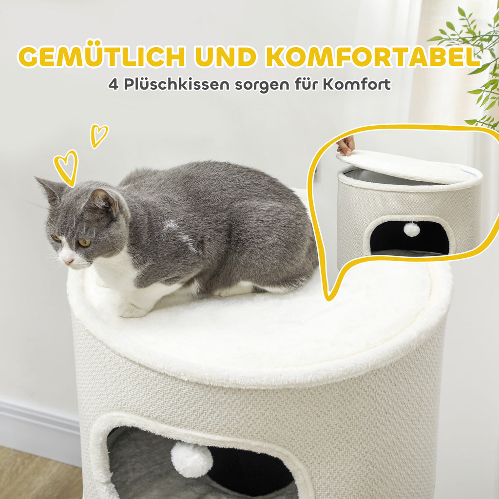 PawHut Katzenfass, 4 Ebenen, mit Kissen, Kratzmatte, Spielbällen, Katzenhaus für Innenbereich, Beige