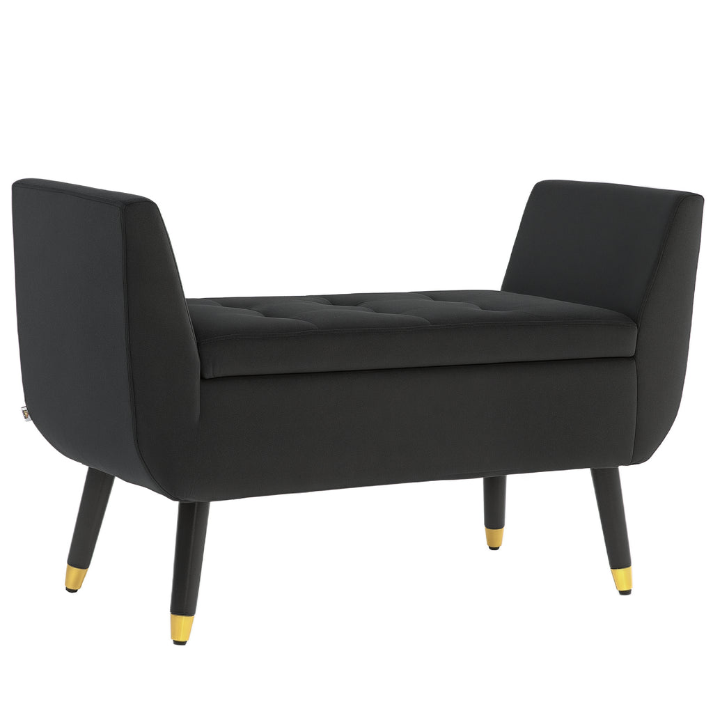 HOMCOM Sitzbank mit Stauraum und Armlehnen, Truhenbank, samtartiges Polyester, Kautschukholz, Dunkelgrau, 107 x 42 x 65 cm