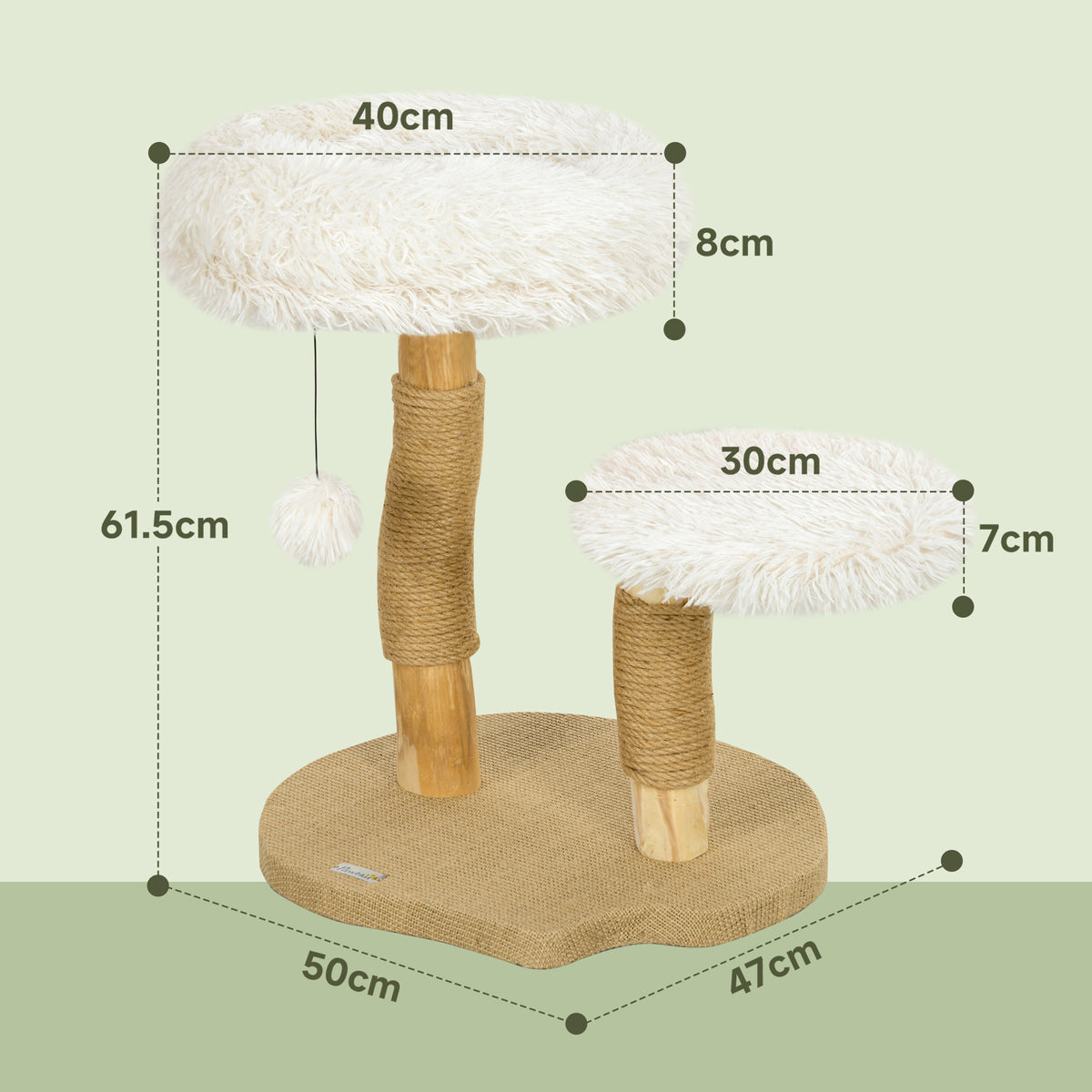 PawHut Katzenbaum, 61,5 cm, mit Katzenbett, Kratzpfosten, Sprungplattform, Spielzeugball, für Katzen bis zu 5 kg, Weiß