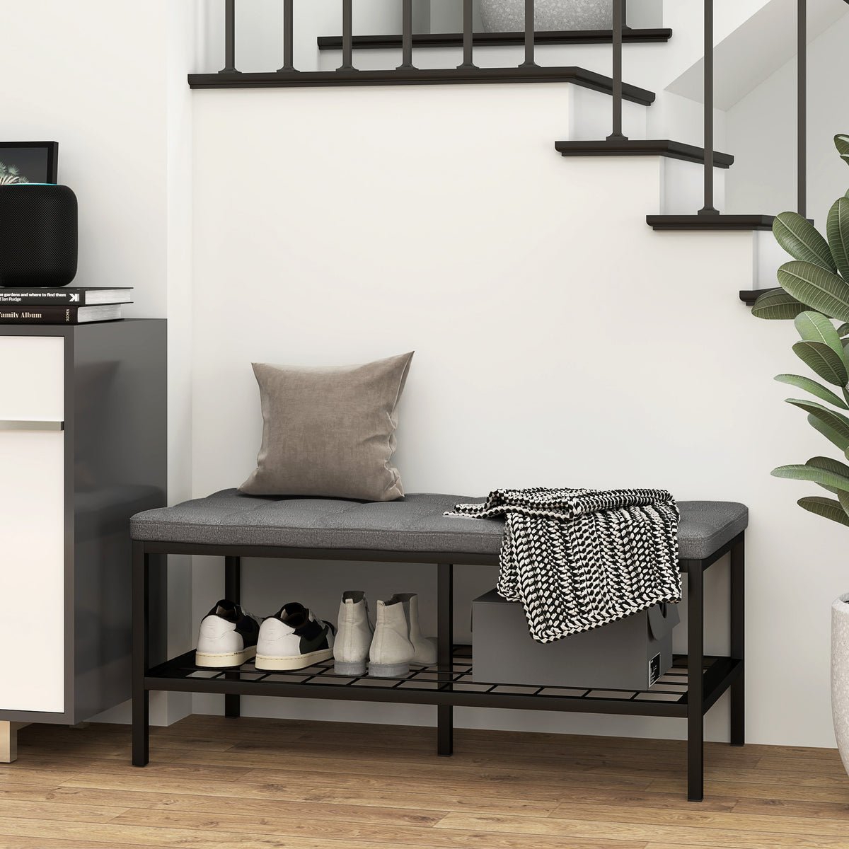 HOMCOM Schuhbank mit gepolstertem Kissen und Regal, Eingangsbank für Flur, Schlafzimmer, 90x41x40cm, grau