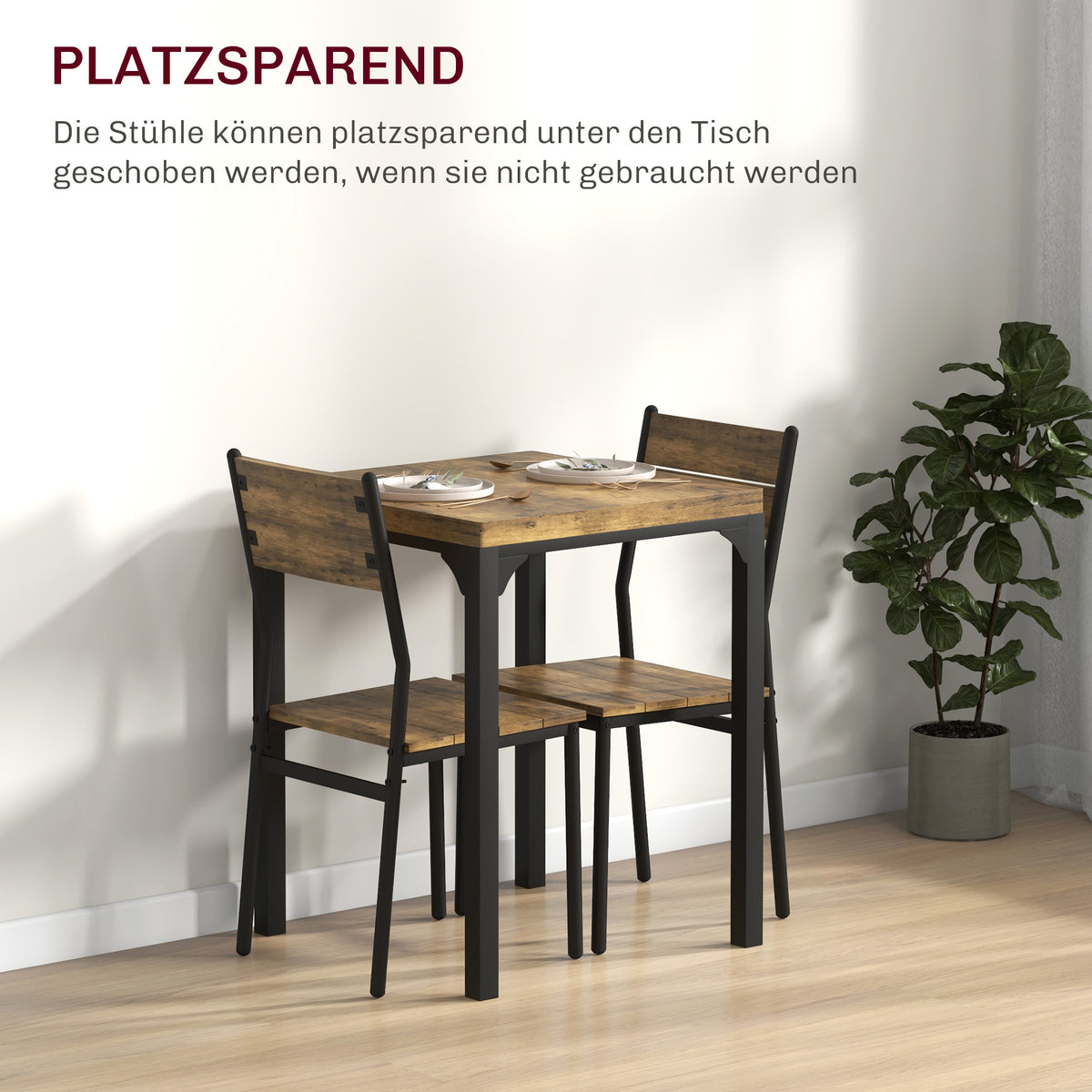 HOMCOM 3-teilige Essgruppe, Esstisch-Set, 1 Tisch, 2 Stühle, MDF+Metall, Braun