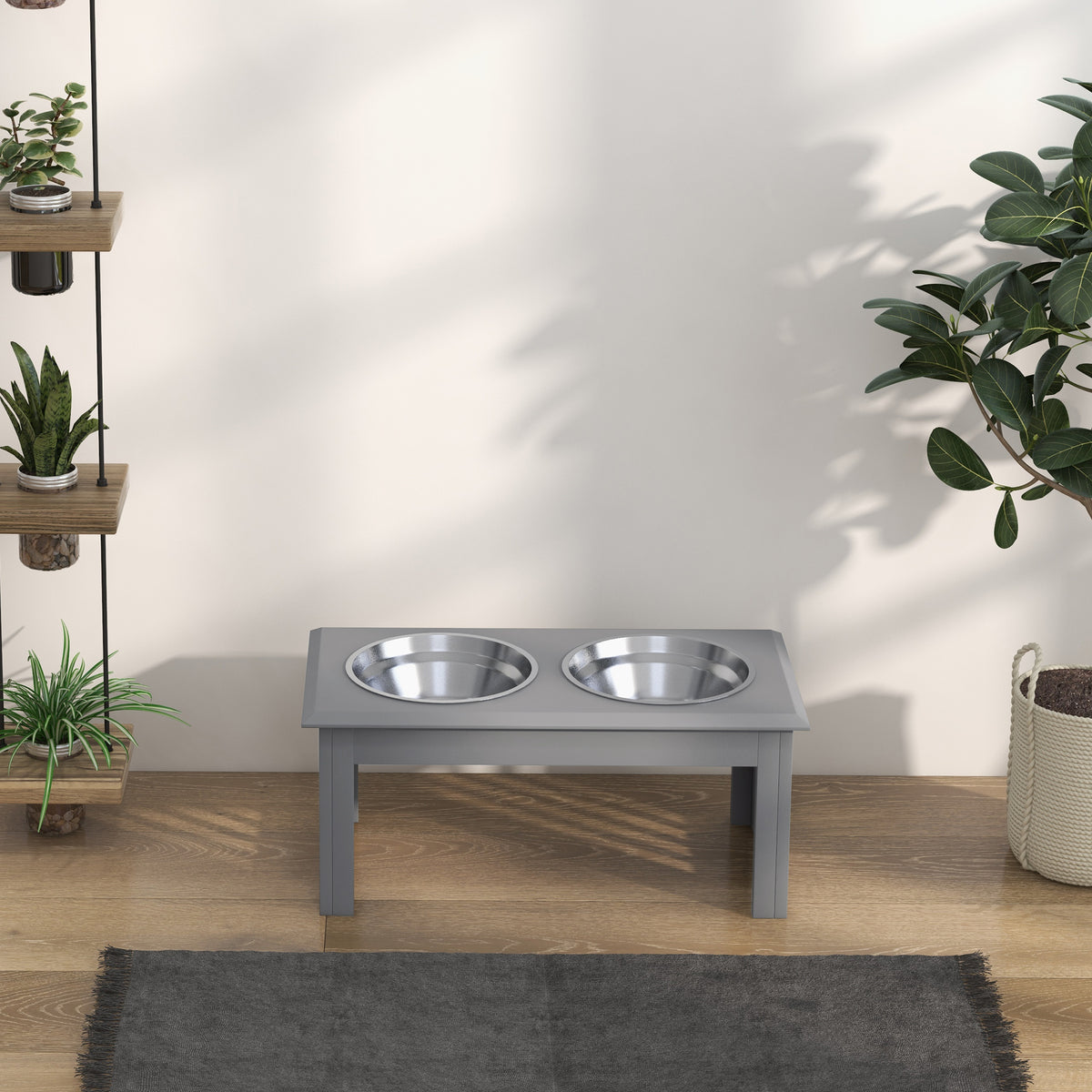 PawHut Hunde-Futterstation, 2 Edelstahlnäpfe, rutschfest, 58,4x30,5x25,4cm, Grau