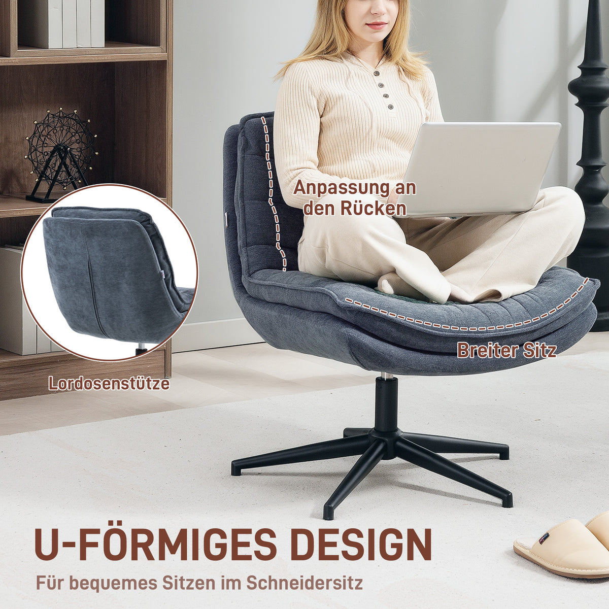 HOMCOM Drehbarer Bürostuhl mit breitem Sitz, Geräumiger Polsterstuhl fürs Büro, Arbeitszimmer, Dunkelgrau