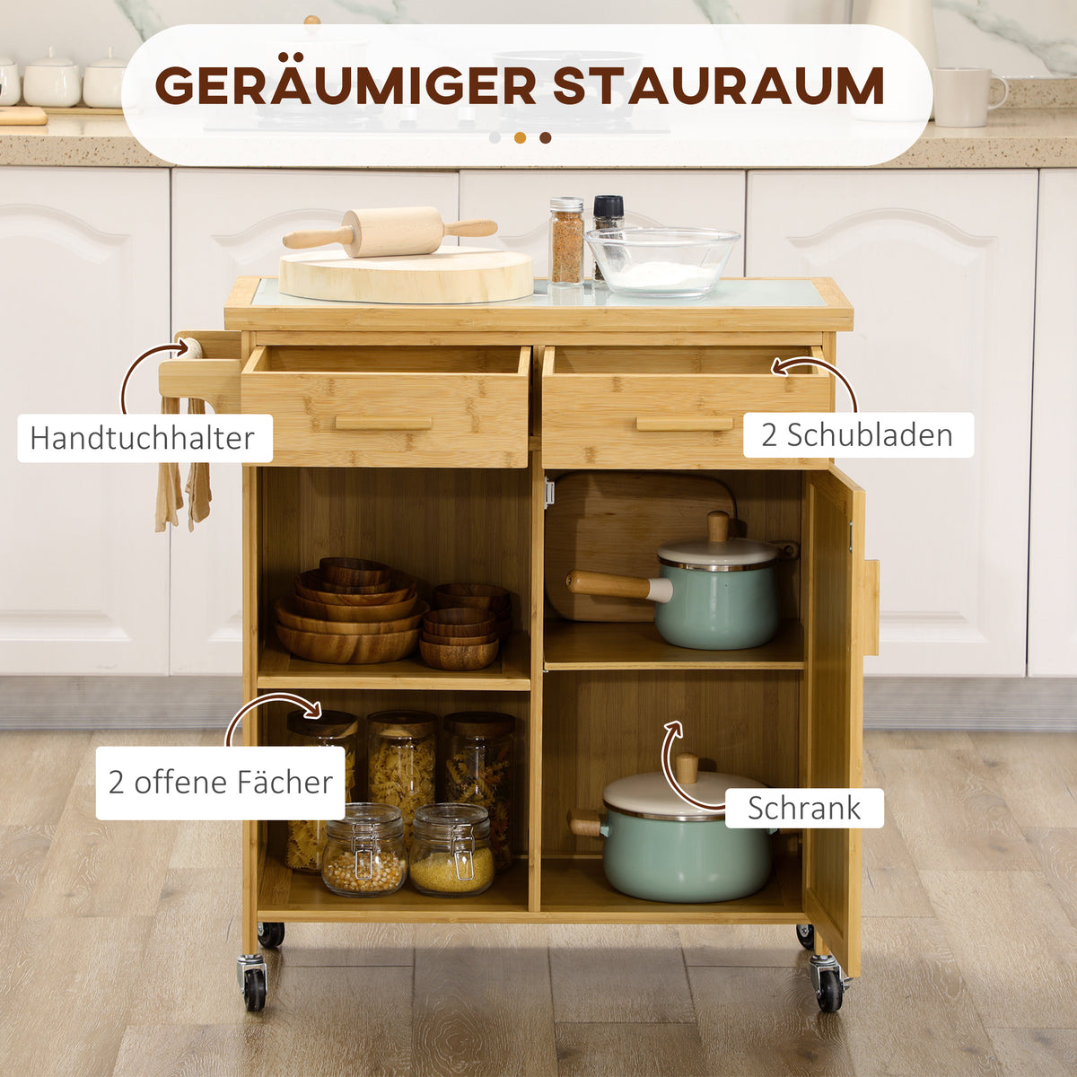 HOMCOM Küchenwagen aus Bambus, Mehrzweckwagen, Sevierwagen, 2 Schubladen, 1 Schrank,  2 Regale, Natur