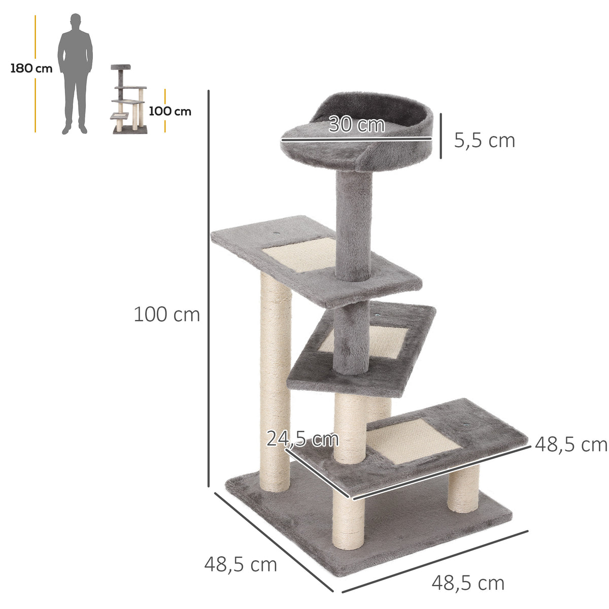PawHut Kletterbaum Katzenbaum Spielbaum Katzenkratzbaum Treppe 5 Schichte Beige Grau 48,5 x 48,5 x 100 cm (LxBxH)