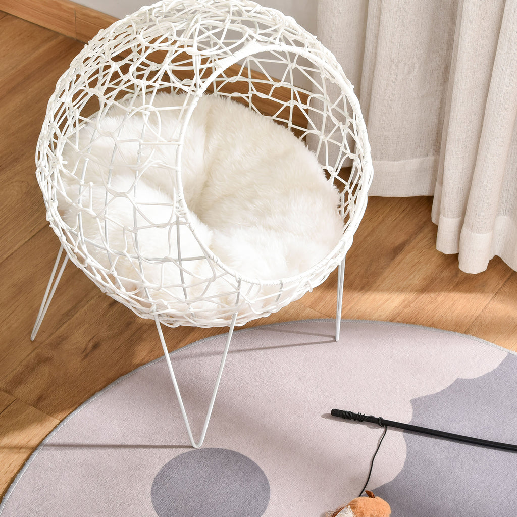Pawhut Rattan Katzenkorb Katzenhöhle Katzenhütte Katzenbett mit Kissen erhöhtes Design Haustierbett Cremeweiß Ø45 x 57H cm