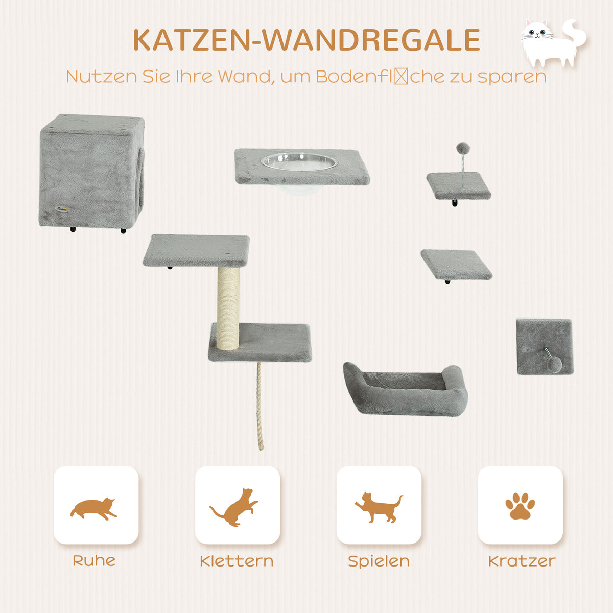 PawHut Kletterwand Katzen 7-teilig Katzen Kletterwand Set mit Katzenhaus, Plattform, Plattform Grau