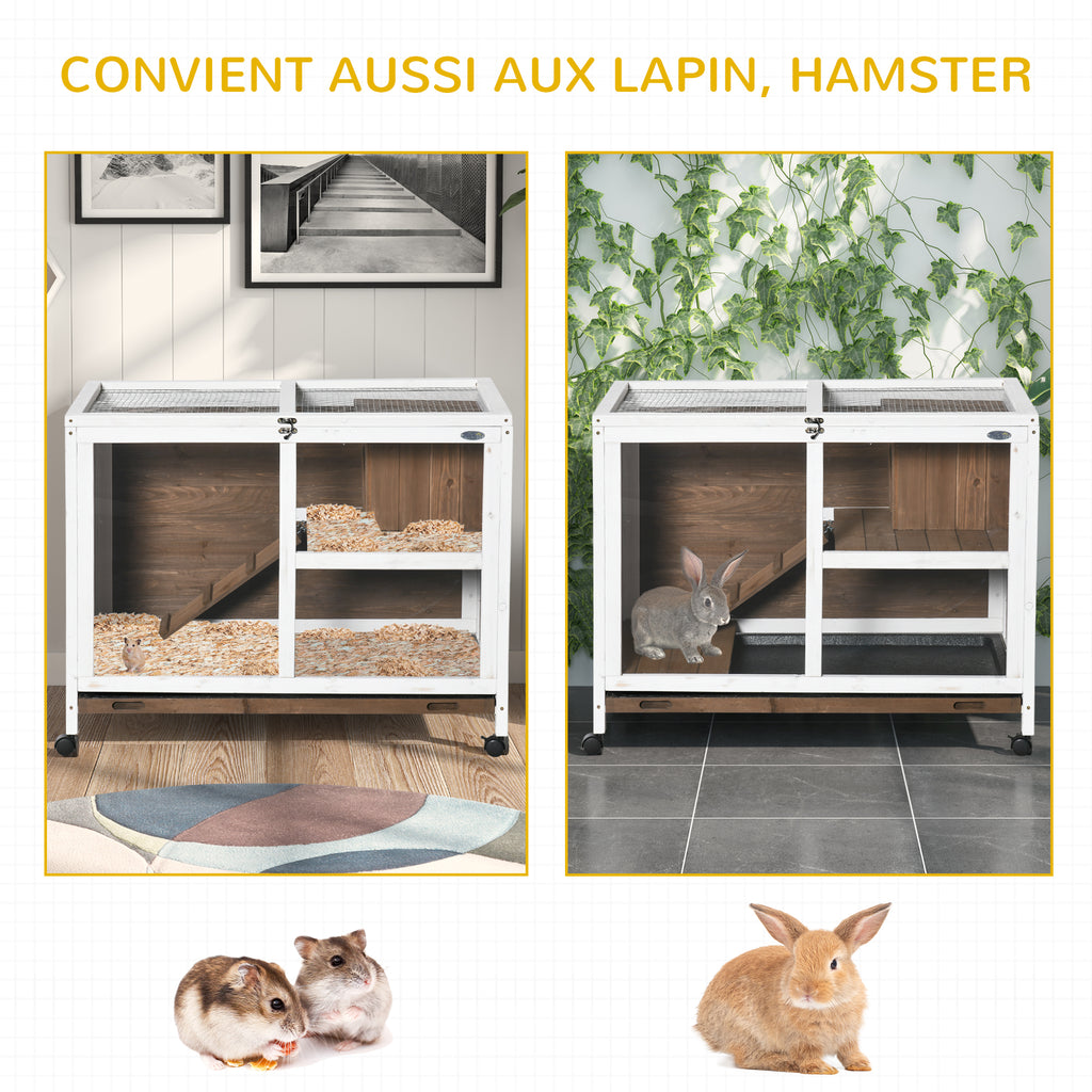 PawHut Kaninchenkäfig Kaninchenstall auf Rollen Kleintiergehege aus Massivholz 2 Etagen aufklappbares Dach 91,5 x 53,3 x 73 cm braun