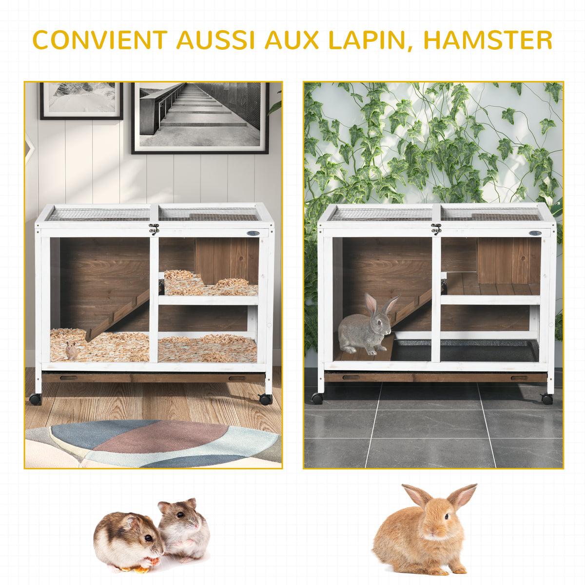 PawHut Kaninchenkäfig Kaninchenstall auf Rollen Kleintiergehege aus Massivholz 2 Etagen aufklappbares Dach 91,5 x 53,3 x 73 cm braun