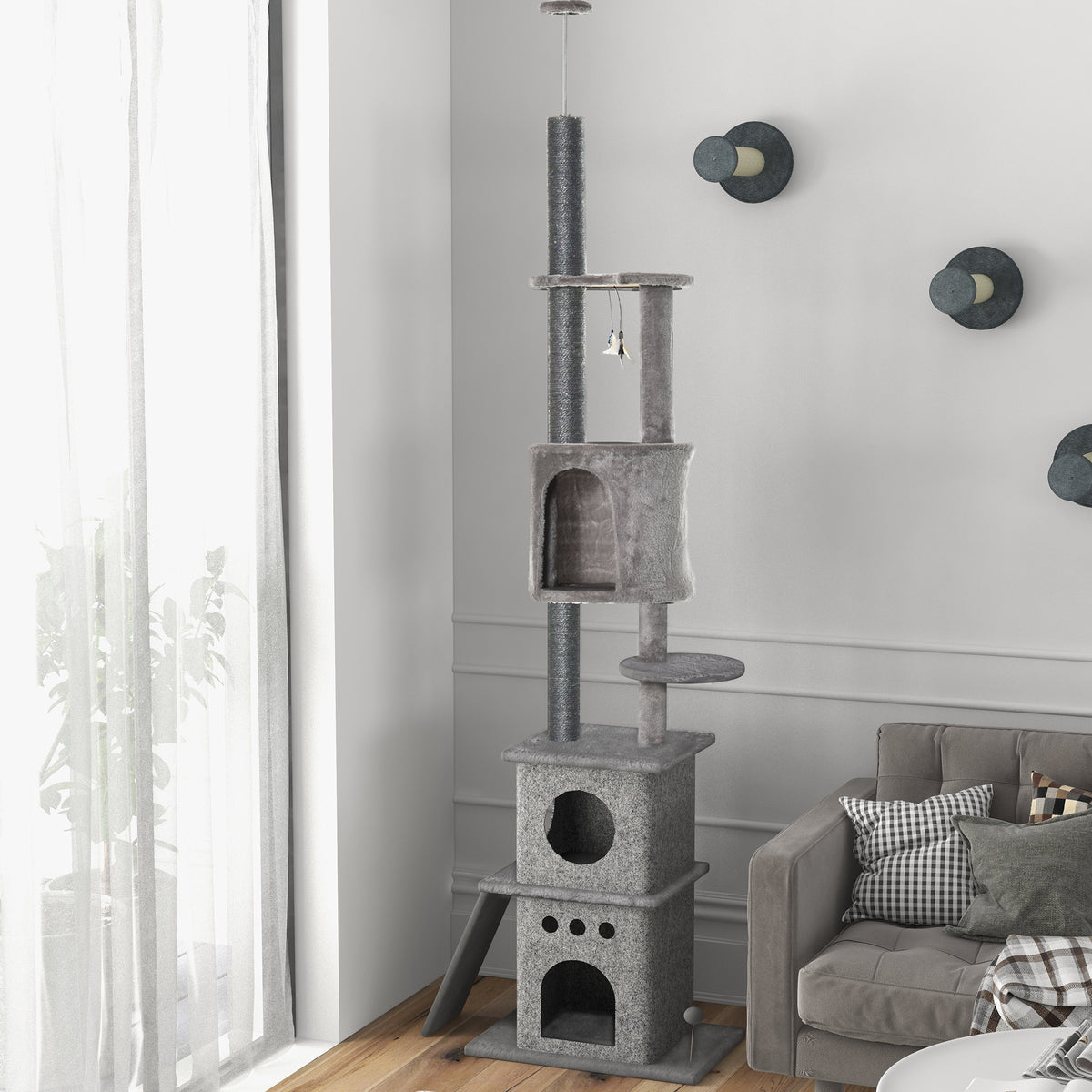 PawHut Kratzbaum Katzenbaum Deckenhoch Kletterbaum mit Katzenspielzeug Sisal Plüsch Hellgrau höhenverstellbar 60 x 40 x 225-255 cm