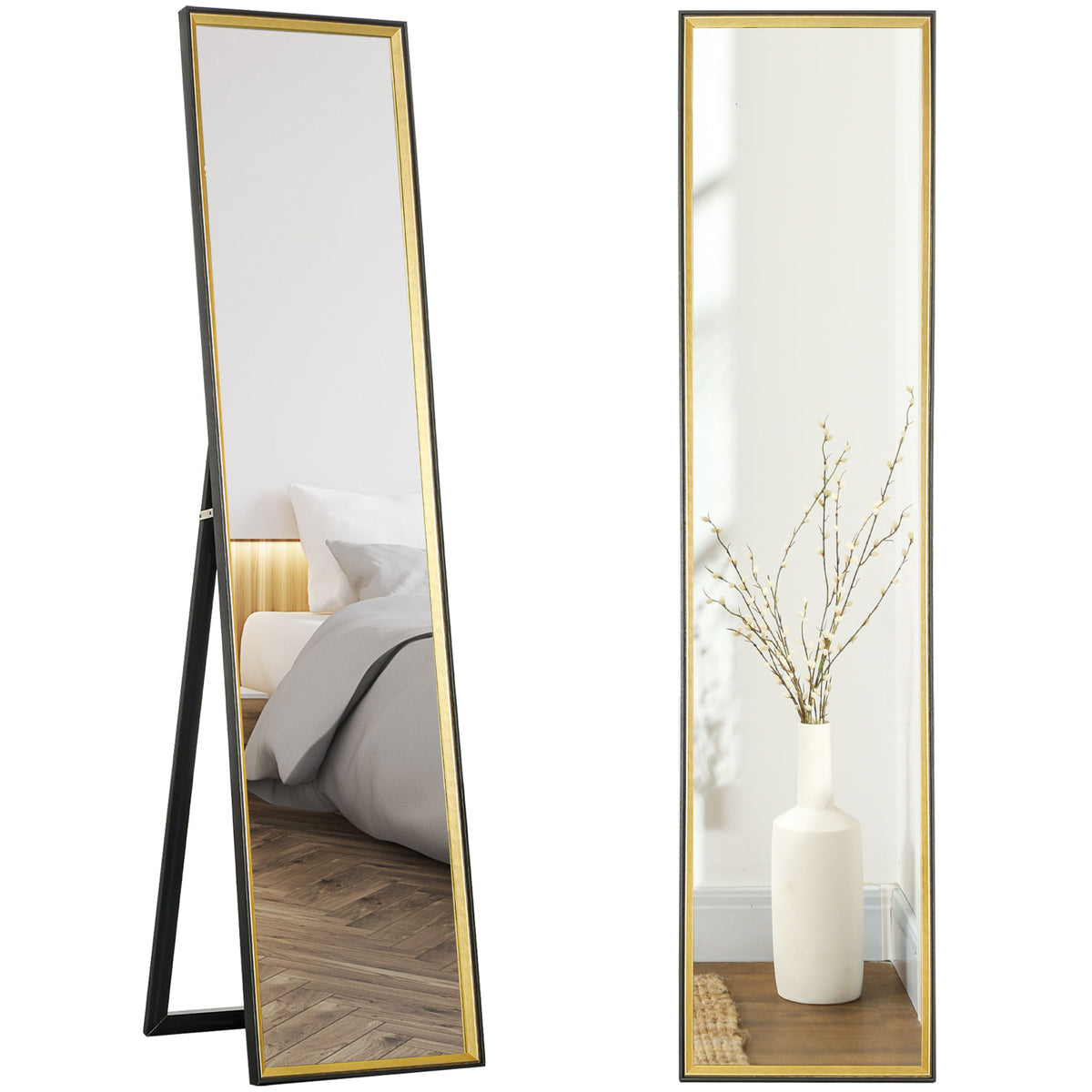 HOMCOM Ganzkörperspiegel mit Rückenstütze und Rahmen aus Holz und Glas, 37x3x157 cm, Schwarz und Gold
