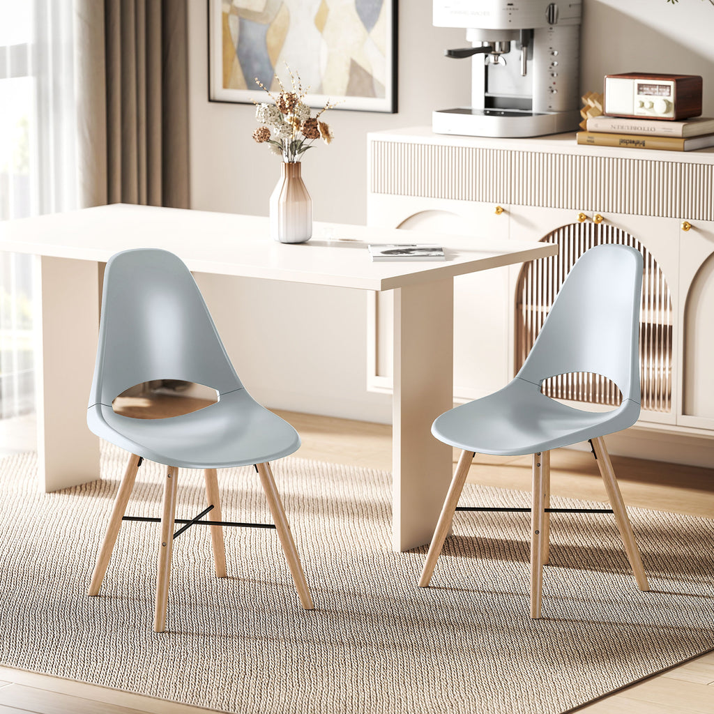 HOMCOM Set von 2 Esszimmerstühlen aus Kunststoff und Kautschukholz im skandinavischen Stil mit gebogenem Rücken, Grau