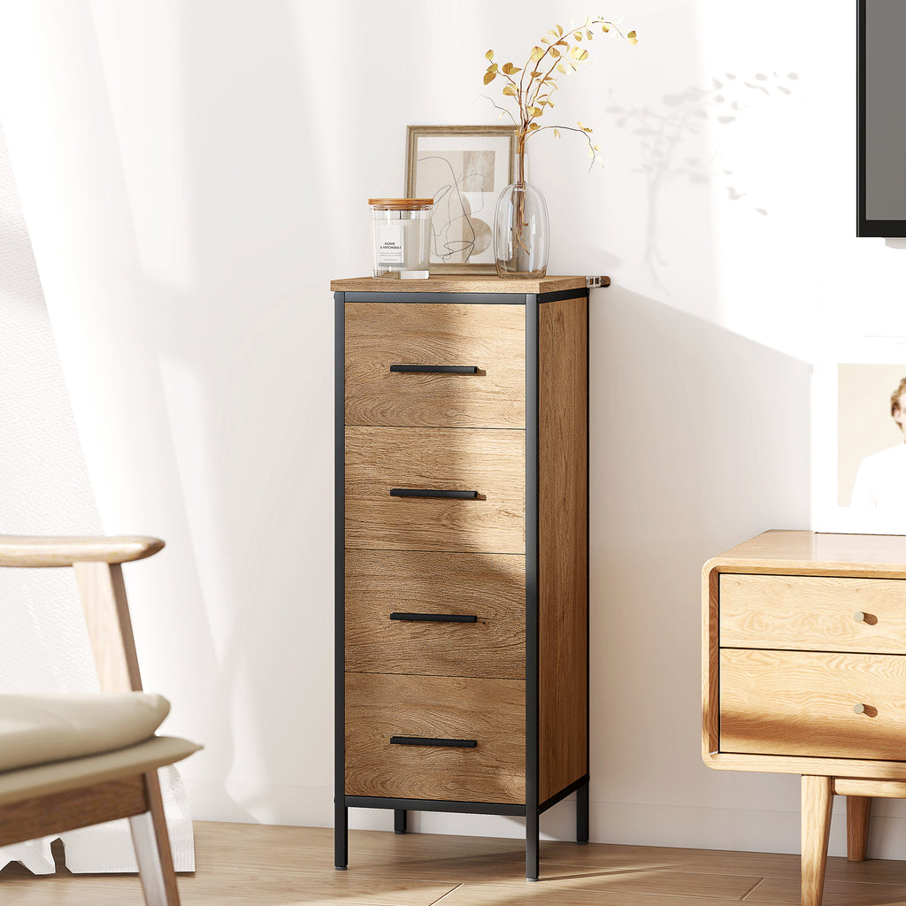 HOMCOM Schmaler Badezimmerschrank mit 4 Schubladen und Stahlstruktur, 30 x 30 x 82 cm, Eiche