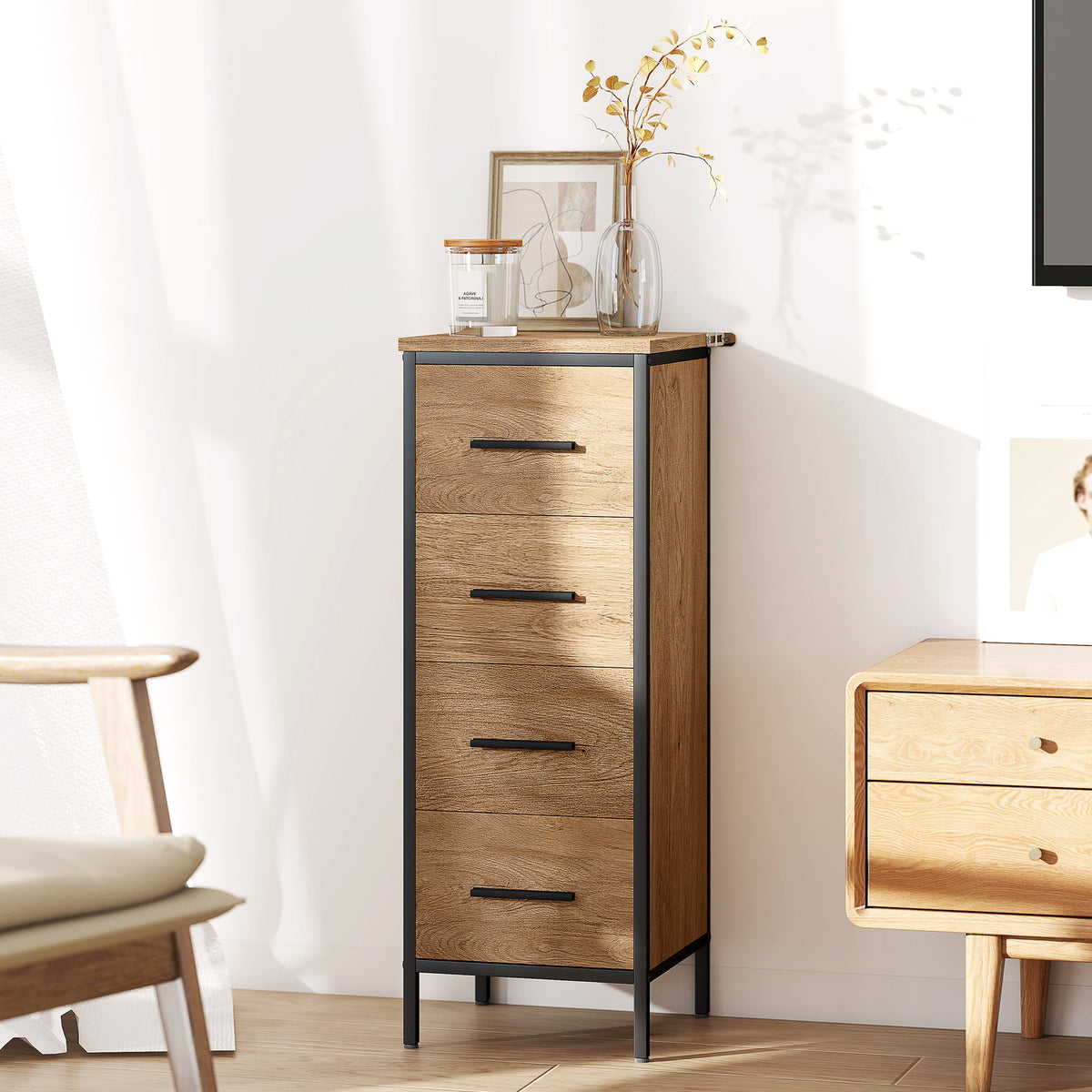 HOMCOM Schmaler Badezimmerschrank mit 4 Schubladen und Stahlstruktur, 30 x 30 x 82 cm, Eiche