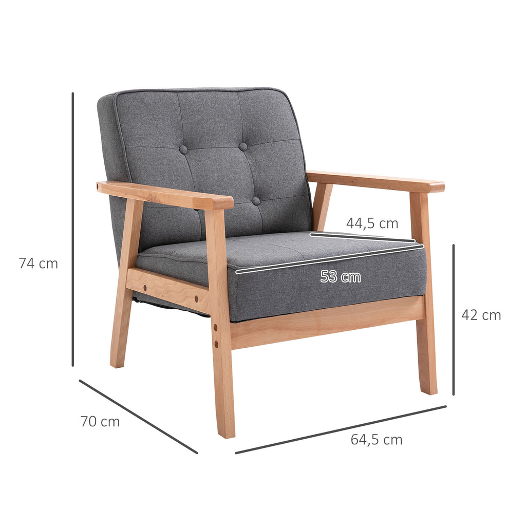 HOMCOM Einzelsofa Loungesessel Polsterstuhl mit Armlehnen Holzrahmen Leinen Grau 64,5 x 70 x 74 cm
