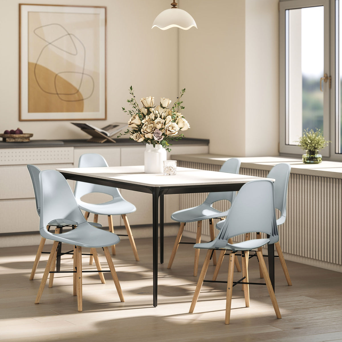 HOMCOM Set von 2 Esszimmerstühlen aus Kunststoff und Kautschukholz im skandinavischen Stil mit gebogenem Rücken, Grau