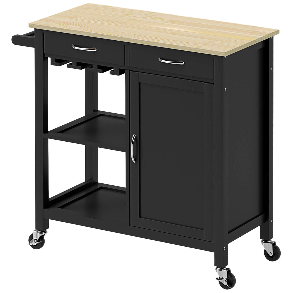 HOMCOM Klassischer Küchenwagen mit Schubladen, Rädern und 2-türigem platzsparendem Schrank 89x40x84cm, Schwarz