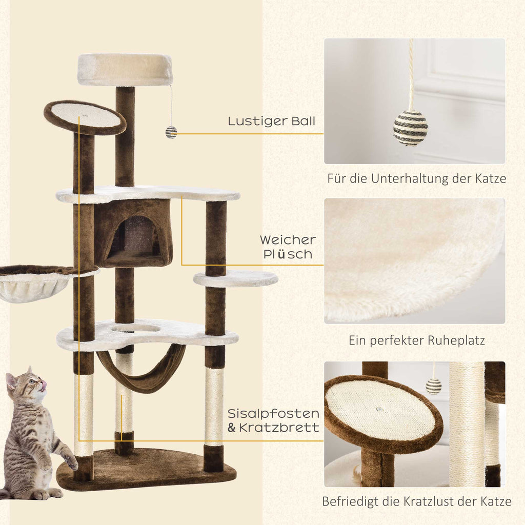 PawHut Kratzbaum mit Katzenhöhle Hängematte XXL Katzenbaum Kletterbaum Kletterbaum für Katzen Mehrstufiges Multiaktivitätszentrum Plüsch Braun 65 x 50 x 153 cm