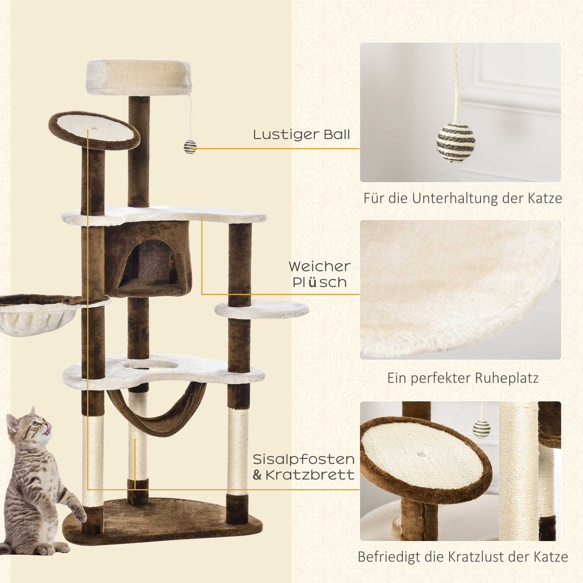 PawHut Kratzbaum mit Katzenhöhle Hängematte XXL Katzenbaum Kletterbaum Kletterbaum für Katzen Mehrstufiges Multiaktivitätszentrum Plüsch Braun 65 x 50 x 153 cm