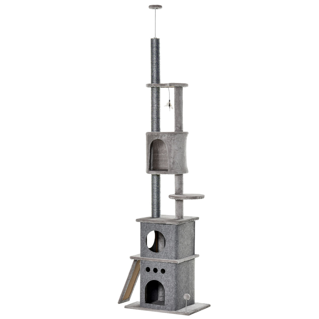 PawHut Kratzbaum Katzenbaum Deckenhoch Kletterbaum mit Katzenspielzeug Sisal Plüsch Hellgrau höhenverstellbar 60 x 40 x 225-255 cm