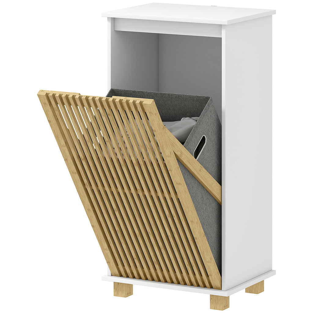 HOMCOM Badezimmerschrank mit Wäschekorb, lamellenförmige Bambustür und abnehmbarem Beutel, weiß und Naturholzeffekt