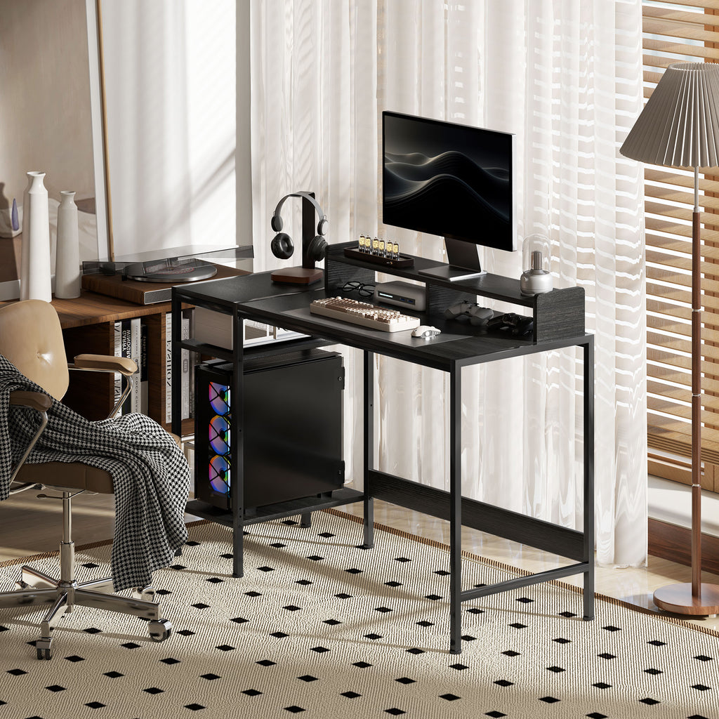 HOMCOM Schreibtisch PC mit Monitorständer und 2 verstellbaren Regalen, aus Holz und Stahl, 120x48x85,5 cm, Schwarz