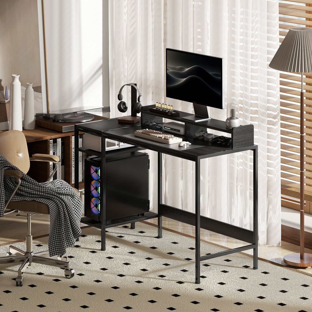 HOMCOM Schreibtisch PC mit Monitorständer und 2 verstellbaren Regalen, aus Holz und Stahl, 120x48x85,5 cm, Schwarz