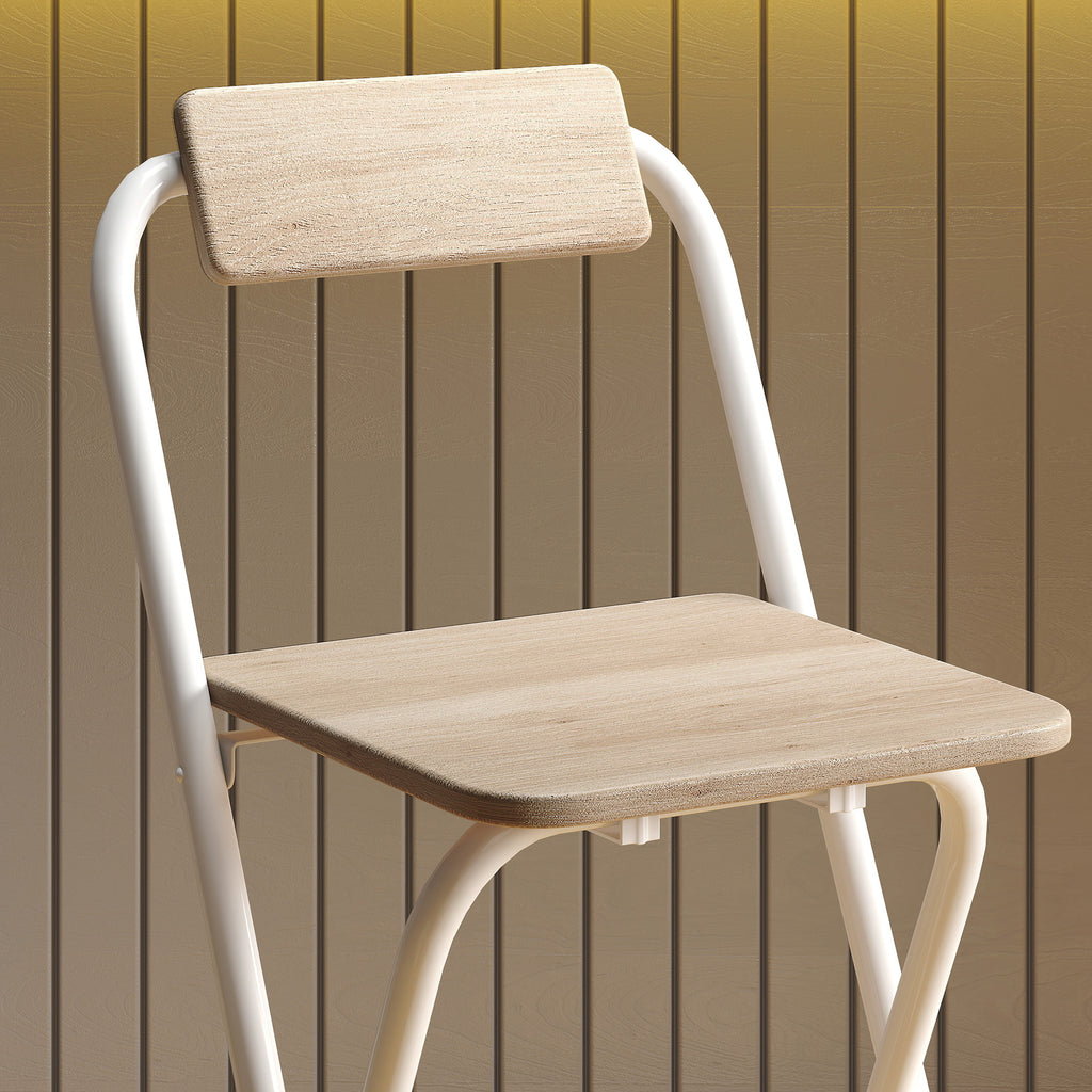 HOMCOM Set mit 2 klappbaren Barhockern mit Rückenlehne und Fußstütze, Stahlgestell, 87 cm hoch, natürliche Holzoptik