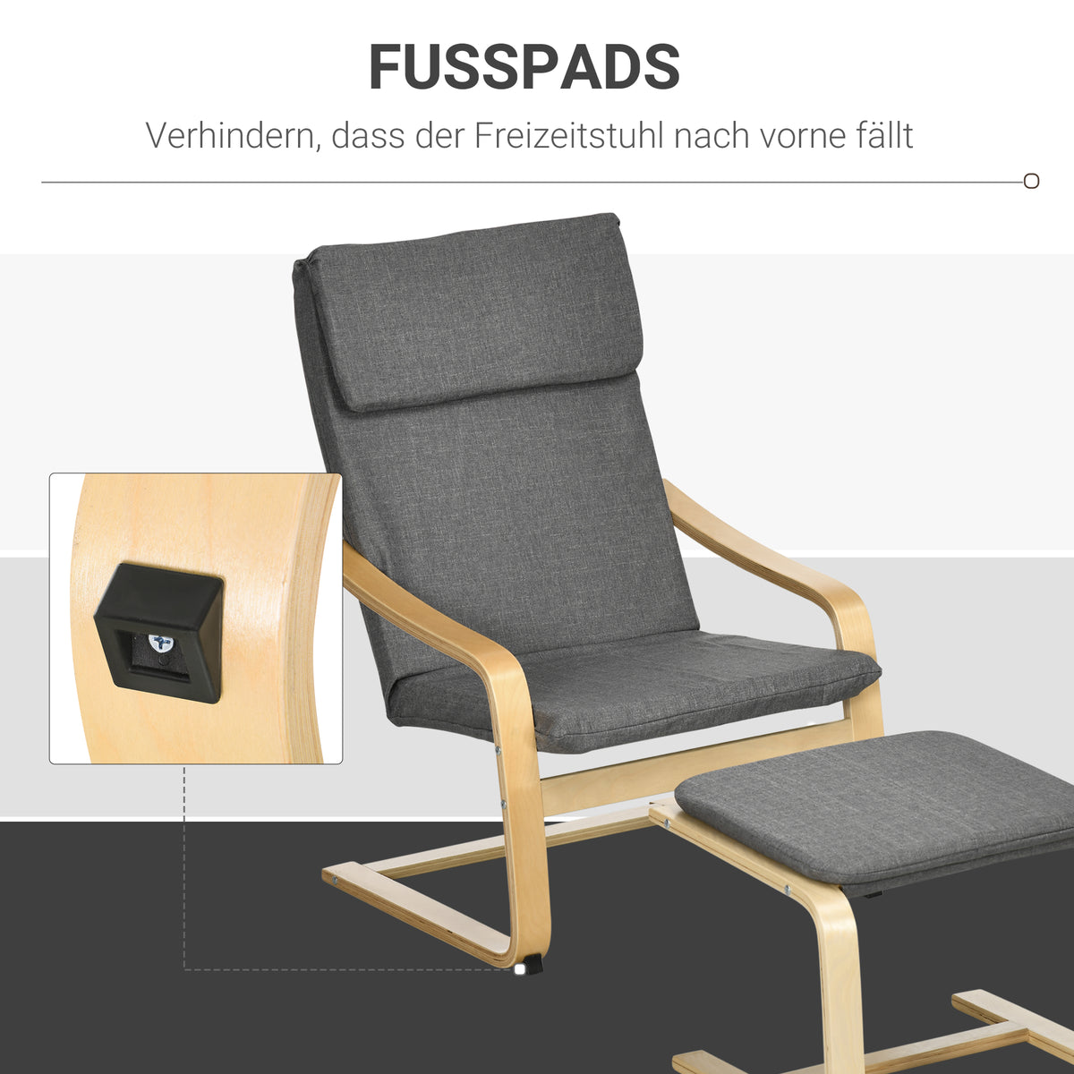 HOMCOM Sessel mit Fußhocker, Sessel-Set, bis 120 kg, Leinenoptik, Massivholz, Grau + Natur, 66,5 x 80 x 99 cm