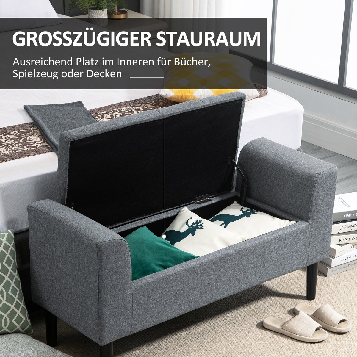 HOMCOM Sitzbank mit Stauraum, Polsterbank, belastbar bis 130 kg, Leinenoptik, Kautschukholz, 116 x 44 x 58 cm, Hellgrau