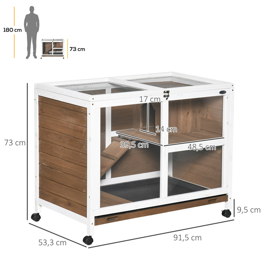 PawHut Kaninchenkäfig Kaninchenstall auf Rollen Kleintiergehege aus Massivholz 2 Etagen aufklappbares Dach 91,5 x 53,3 x 73 cm braun