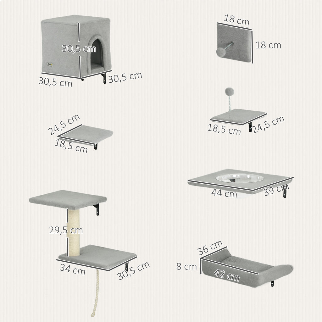 PawHut Kletterwand Katzen 7-teilig Katzen Kletterwand Set mit Katzenhaus, Plattform, Plattform Grau