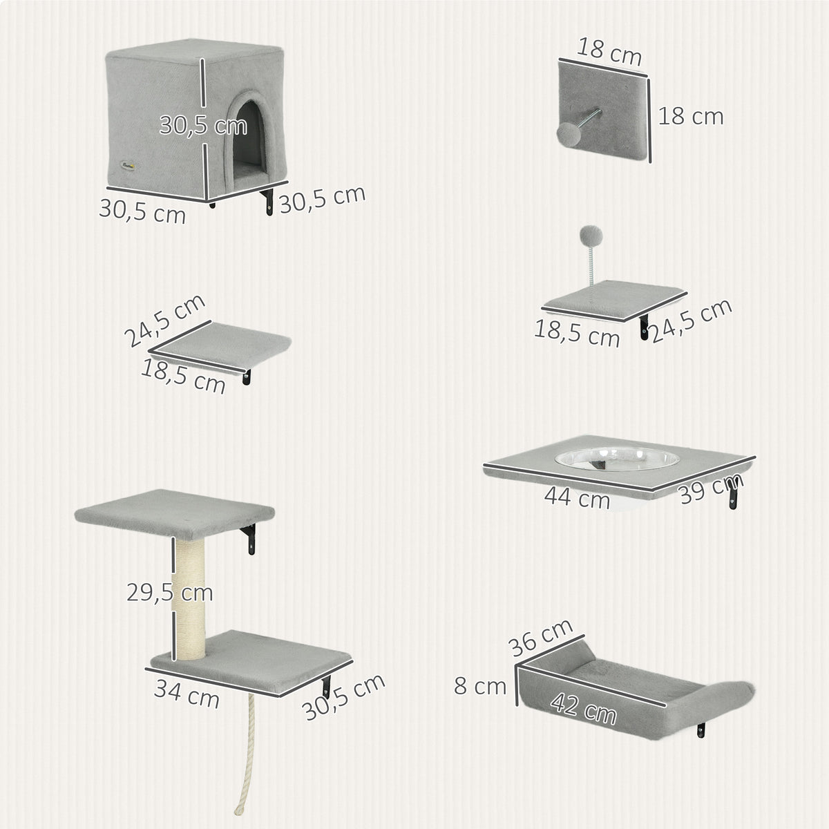 PawHut Kletterwand Katzen 7-teilig Katzen Kletterwand Set mit Katzenhaus, Plattform, Plattform Grau