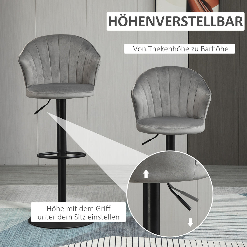 HOMCOM 2er-Set Barhocker drehbare Barstühle mit Lehne Samt Touch Bistrohocker höhenverstellbarer Tresenhocker armloser Schaumstoff Grau 54 x 56 x 91-111 cm