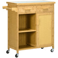 HOMCOM Küchenwagen aus Bambus, Mehrzweckwagen, Sevierwagen, 2 Schubladen, 1 Schrank,  2 Regale, Natur