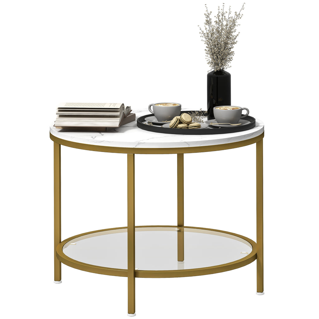 HOMCOM Modern Runder Couchtisch mit 2 Ebenen marmorierte Oberfläche und gehärtetes Glas, Ø 60 x 45 cm, Weiß und Gold