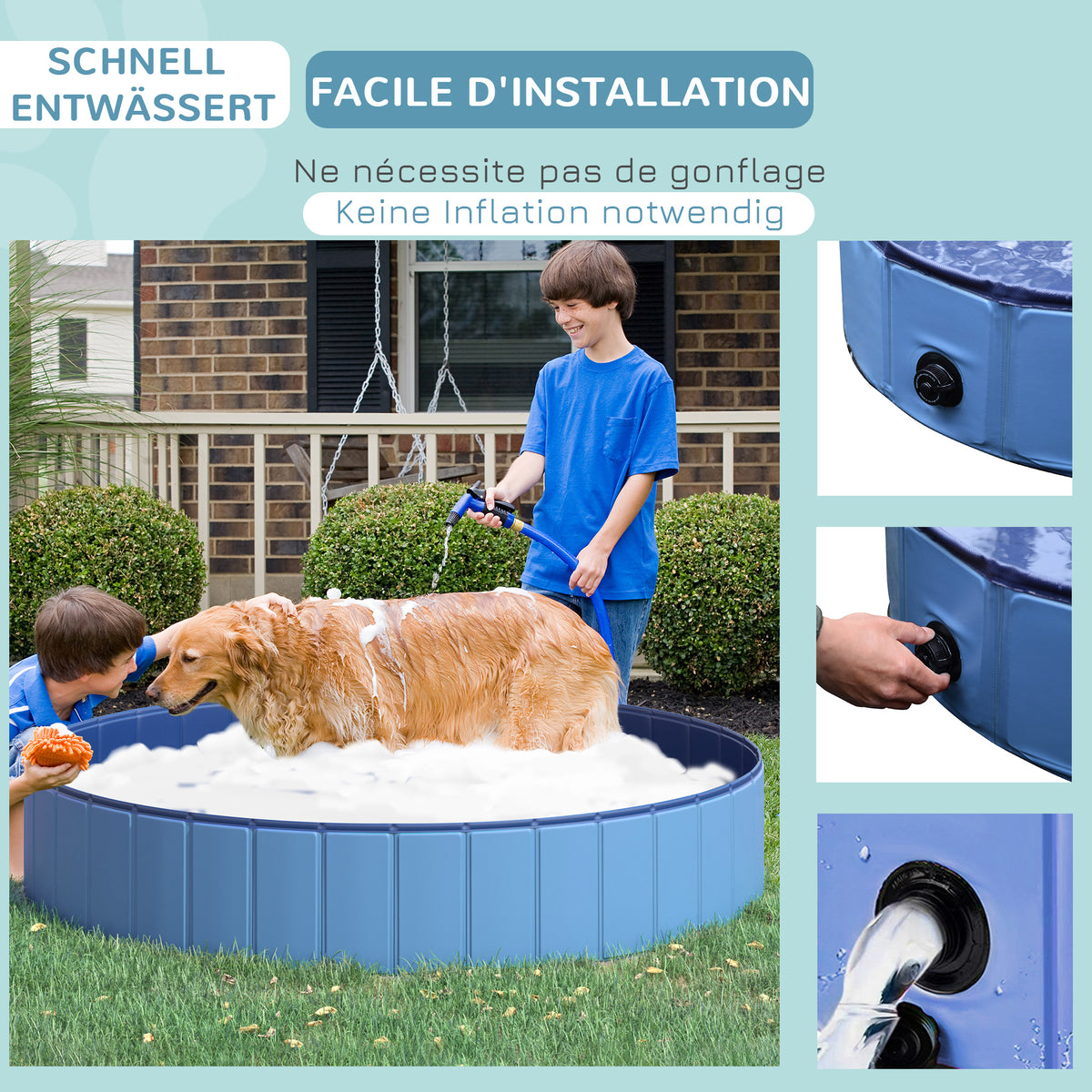PawHut Hundebadewanne faltbar Badewanne Hundepool Plantschbecken Swimmingpool Wasserbecken für Hunde und Katzen Schwimmbecken Kunststoff+Holz Blau Ø120 x H30 cm