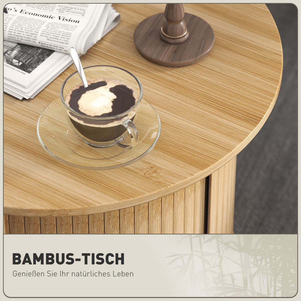 HOMCOM Beistelltisch, rund, mit Stauraum, Schiebetür, Bambus, Ф60 x 45 cm, bis 20 kg belastbar