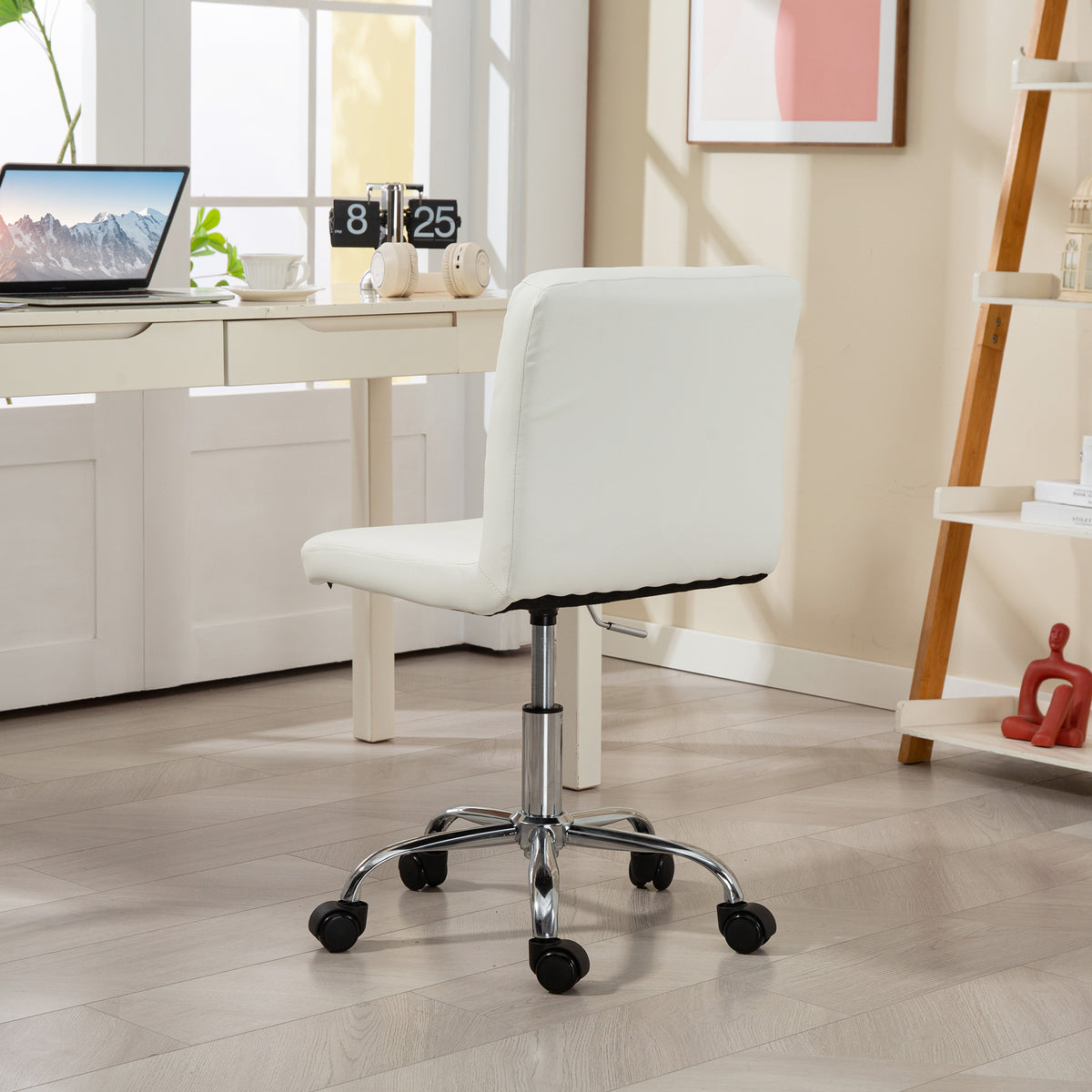HOMCOM Bürostuhl verstellbar mit Knopfbezug aus PU-Leder, Schaumstoff und Stahl, 44x50x78-88 cm, Weiß