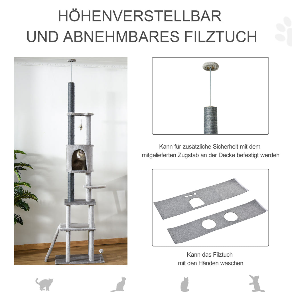 PawHut Kratzbaum Katzenbaum Deckenhoch Kletterbaum mit Katzenspielzeug Sisal Plüsch Hellgrau höhenverstellbar 60 x 40 x 225-255 cm