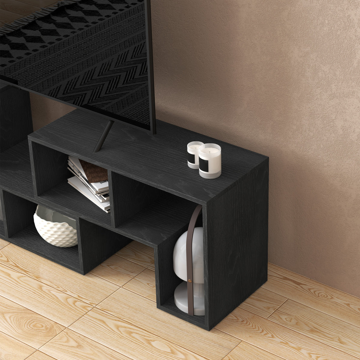 HOMCOM TV-Möbel 75" max Modular mit 2 L-förmigen Regalen und rechteckigem Regal, aus Holz, 134-180x30.5x44 cm, Schwarz