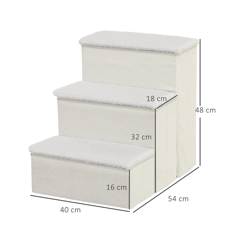 PawHut Haustiertreppe Katzentreppe Hundetreppe Faltbar 3 Stufen Tiertreppe mit Stauraum für Katzen und Hunde MDF Weiß 40 x 54 x 48 cm