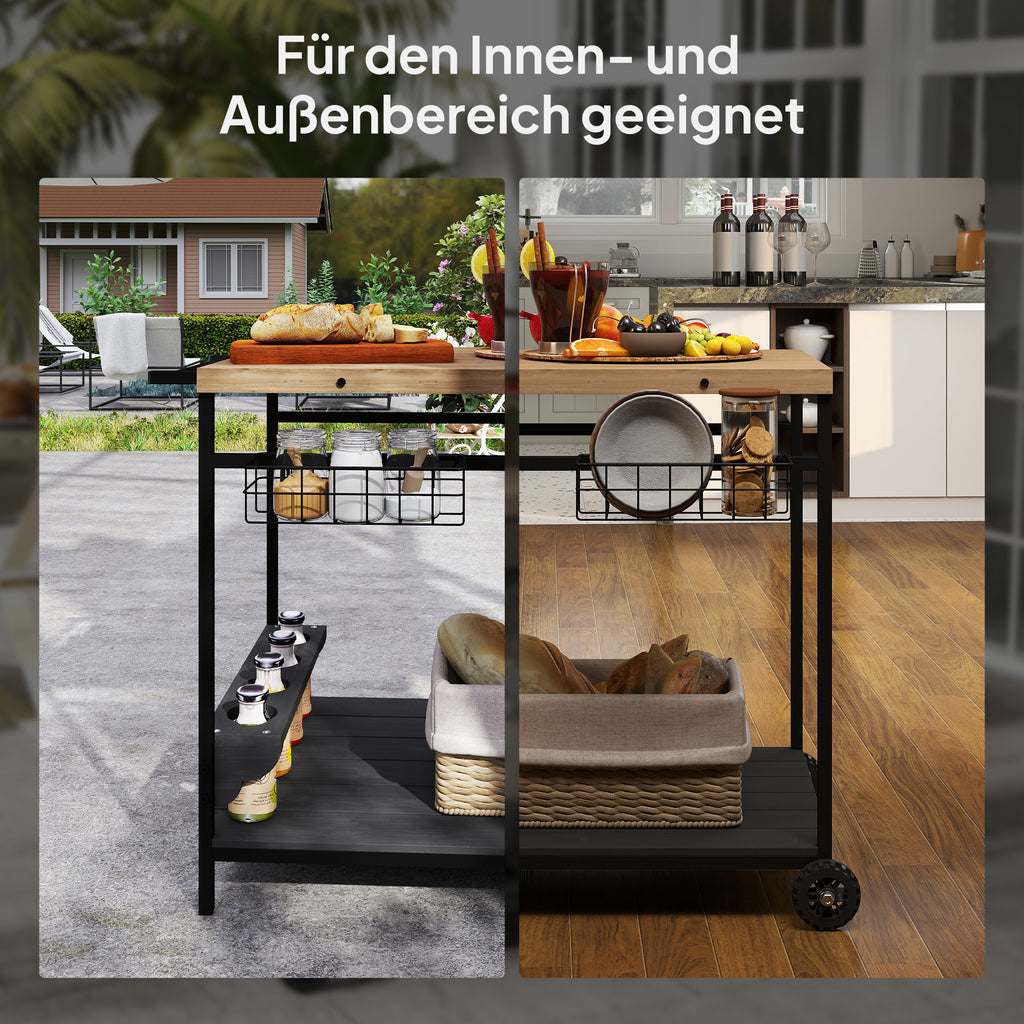 Outsunny Servierwagen, Küchenwagen, 2 Etagen, 4 Flaschenhalter, In/Outdoor, Natur/Schwarz