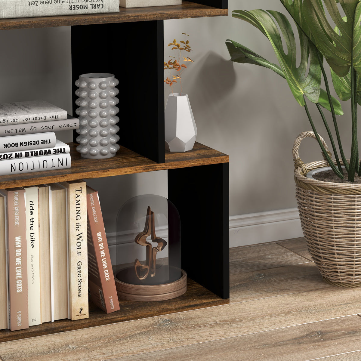 HOMCOM Asymmetrisches Modernes Wandregal mit 5 Regalen aus Holz, 70x29.5x163cm, Rustic Brown