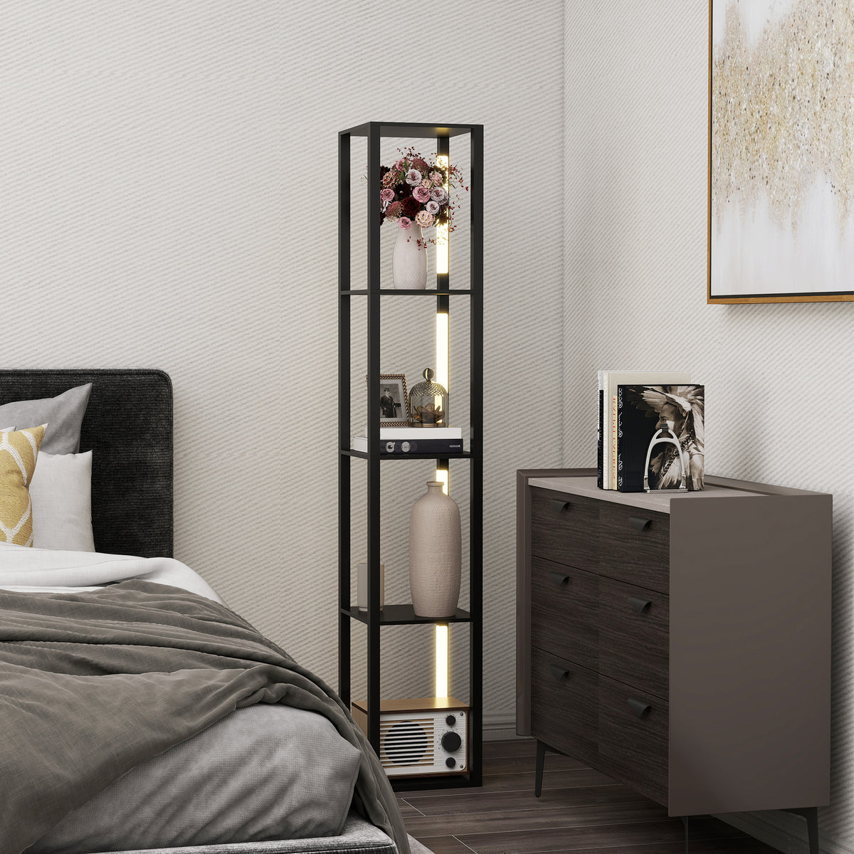 HOMCOM Stehlampe mit Regalen 4-stufig dimmbar LED Dimmer Fußschalter für Wohnzimmer Schlafzimmer Büro Schwarz