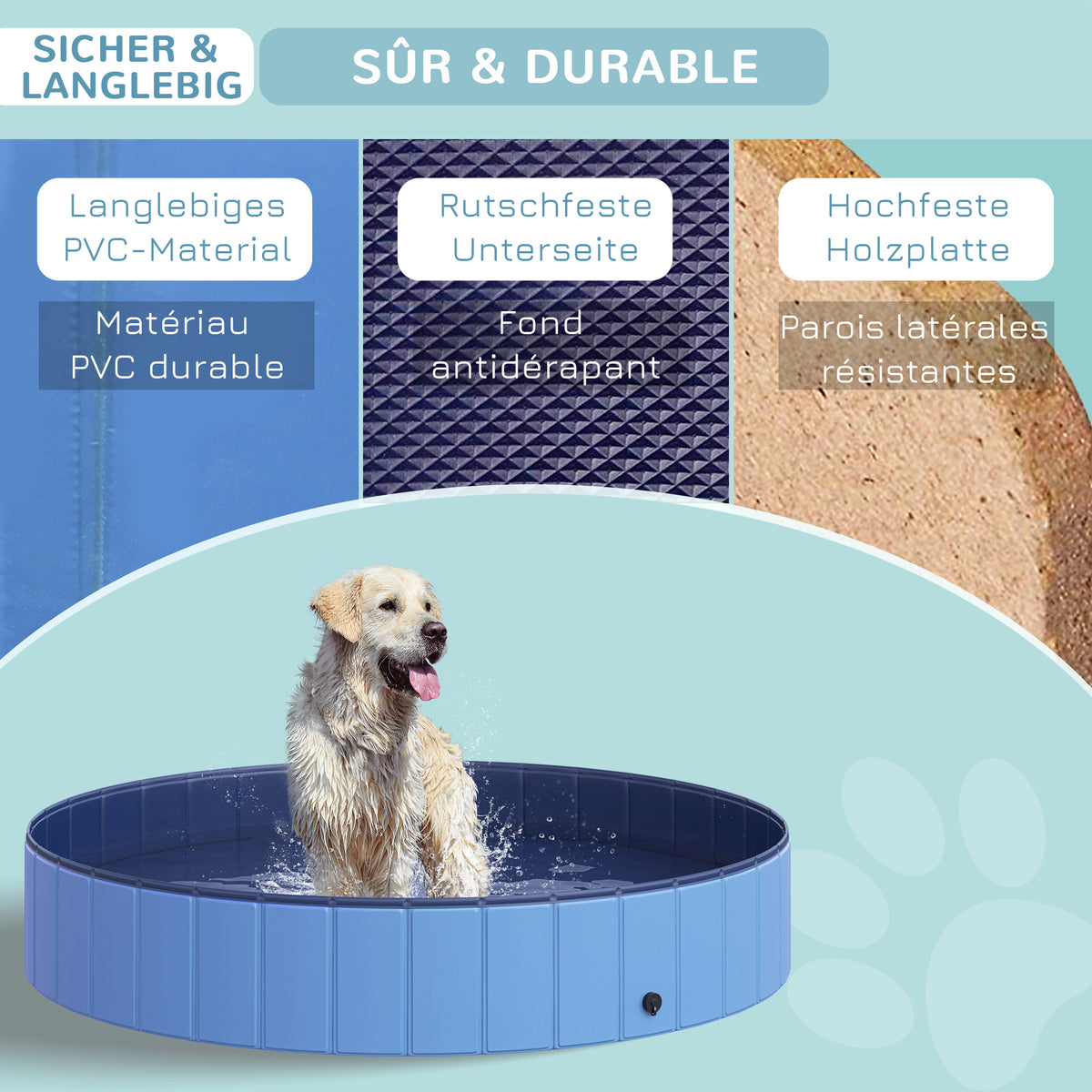 PawHut Hundebadewanne faltbar Badewanne Hundepool Plantschbecken Swimmingpool Wasserbecken für Hunde und Katzen Schwimmbecken Kunststoff+Holz Blau Ø120 x H30 cm