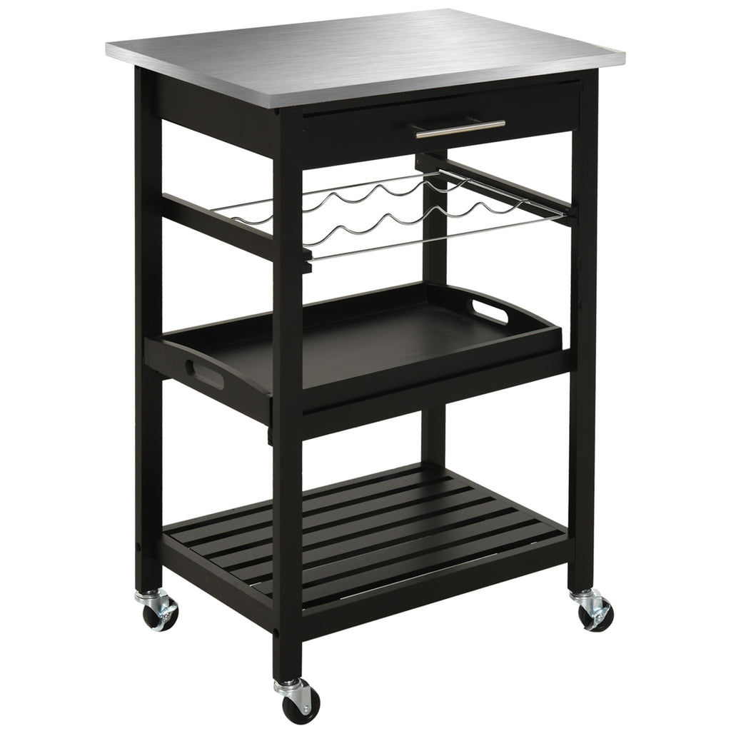 HOMCOM Küchenwagen Servierwagen Küchentisch auf Rollen mit Regal Flaschenablage 60B x 40T x 85H cm Arbeitsfläche aus Edelstahl Schwarz